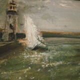 Tableau ancien avec son encadrement, signé jcc,  scène portuaire avec phare