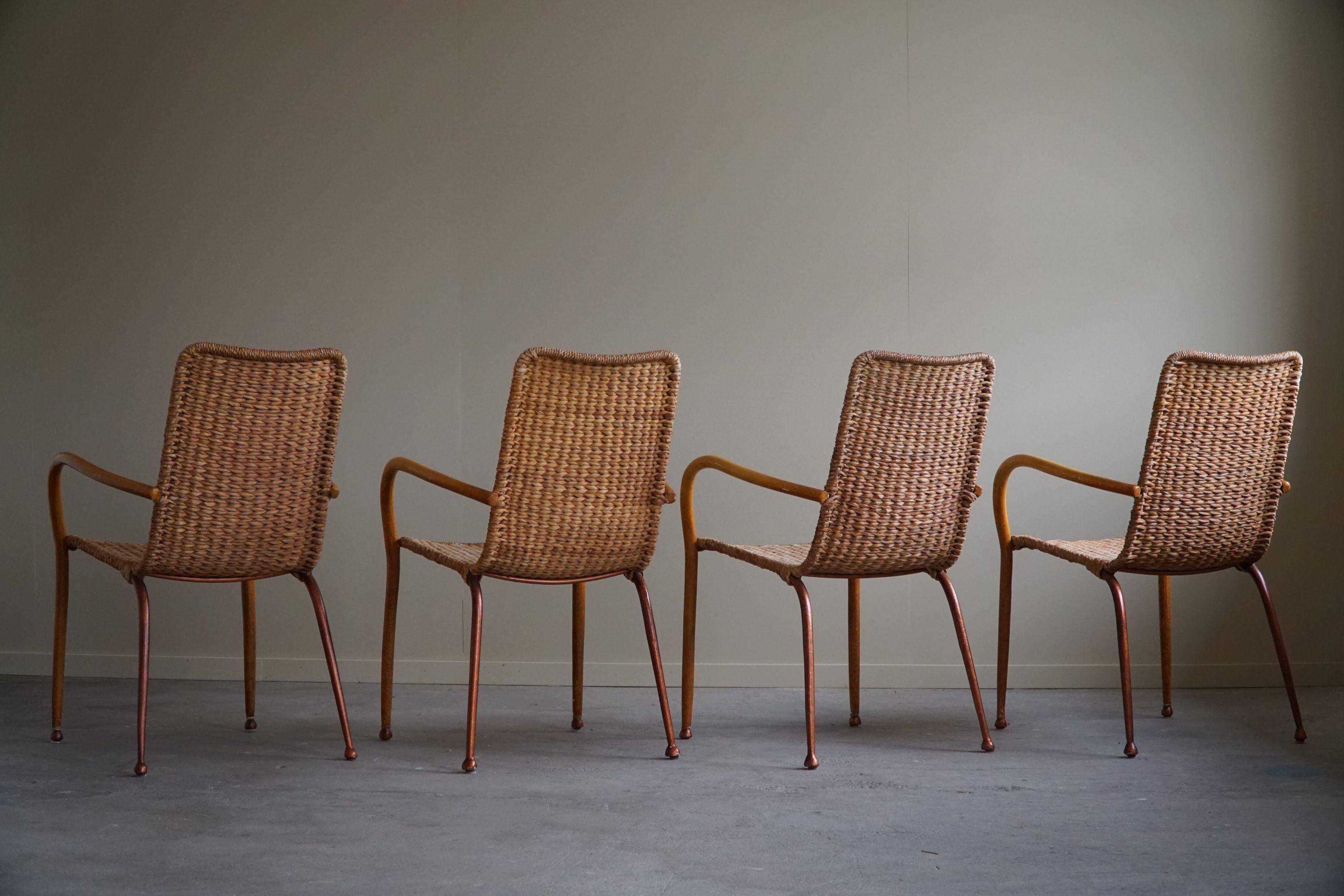 Set of 4 vintage Italian wicker and birch armchairs, mid-century modern, 1950.