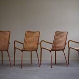 Set of 4 vintage Italian wicker and birch armchairs, mid-century modern, 1950.