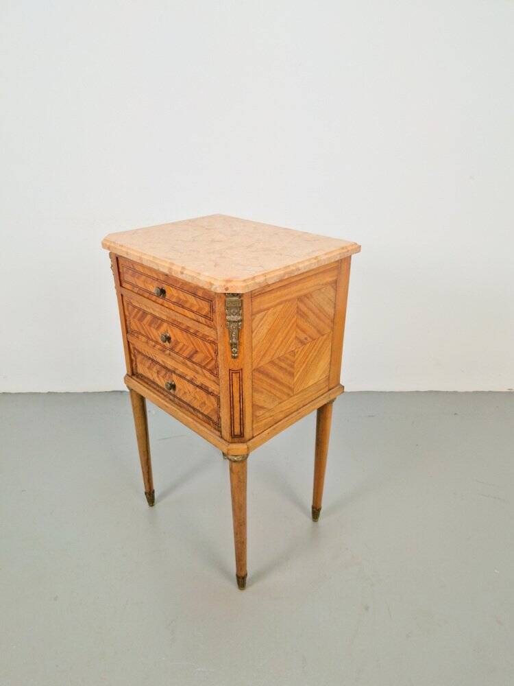 Vintage French Bedside Table with Marble Top and Brass Ornaments, 1920s
