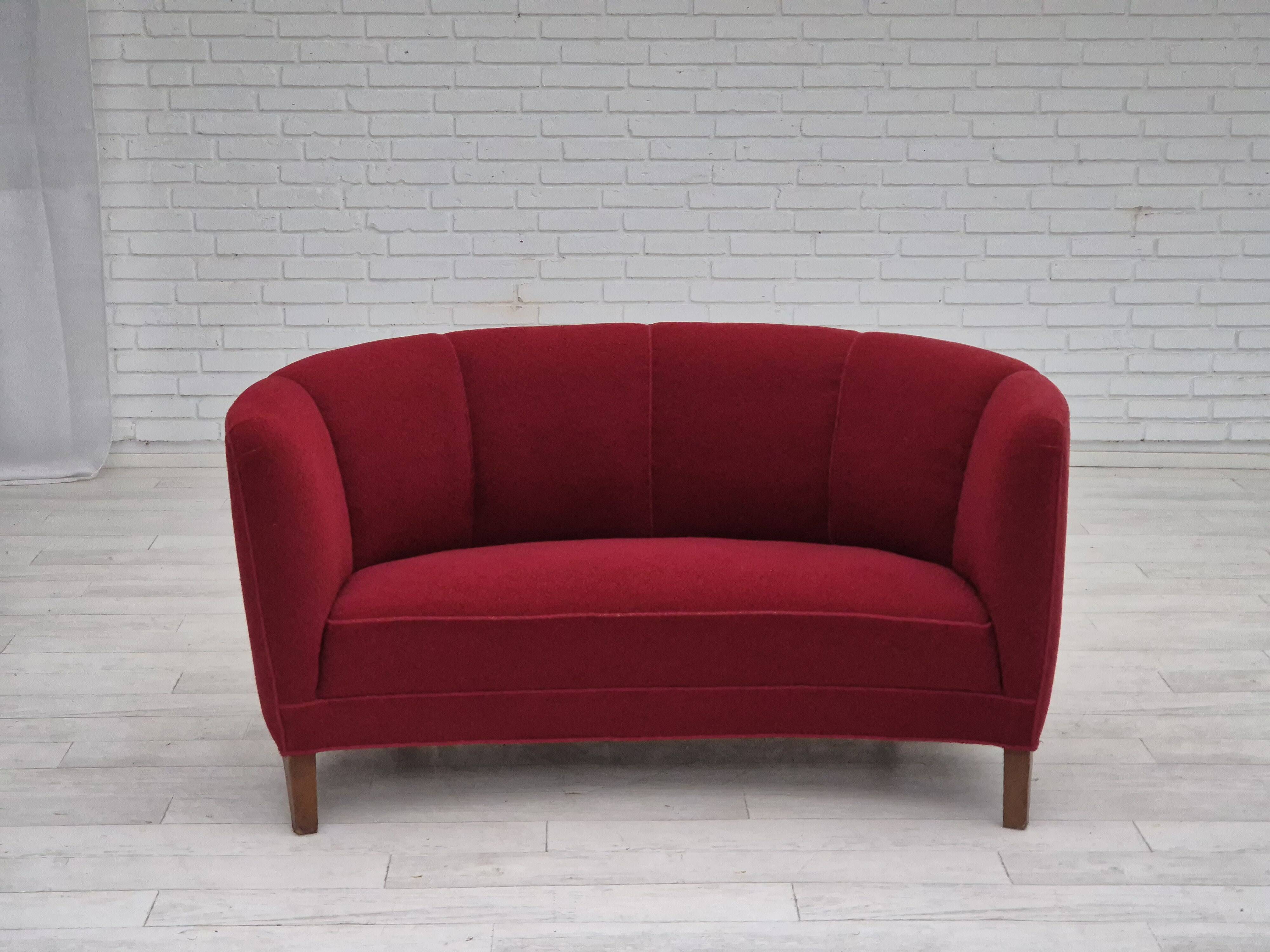 1960s, Danish 2-seater curved sofa, original red furniture fabric.