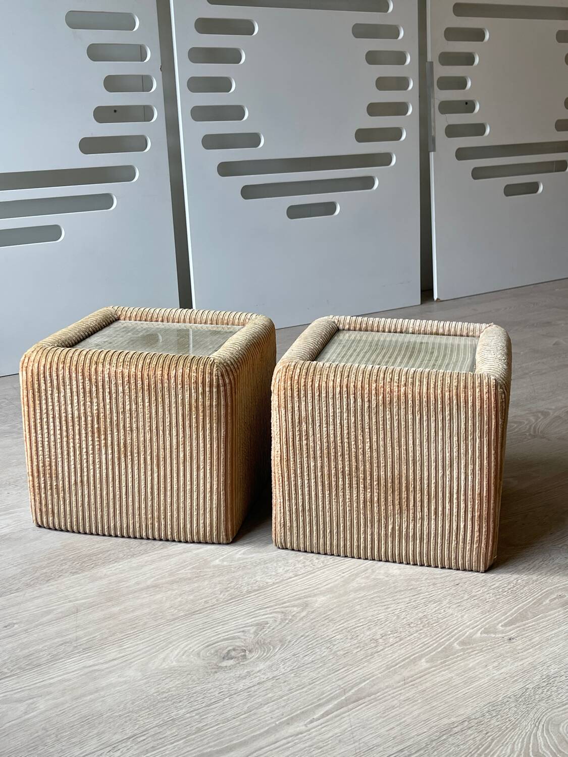 Pair of bedside tables, beige corduroy & glass