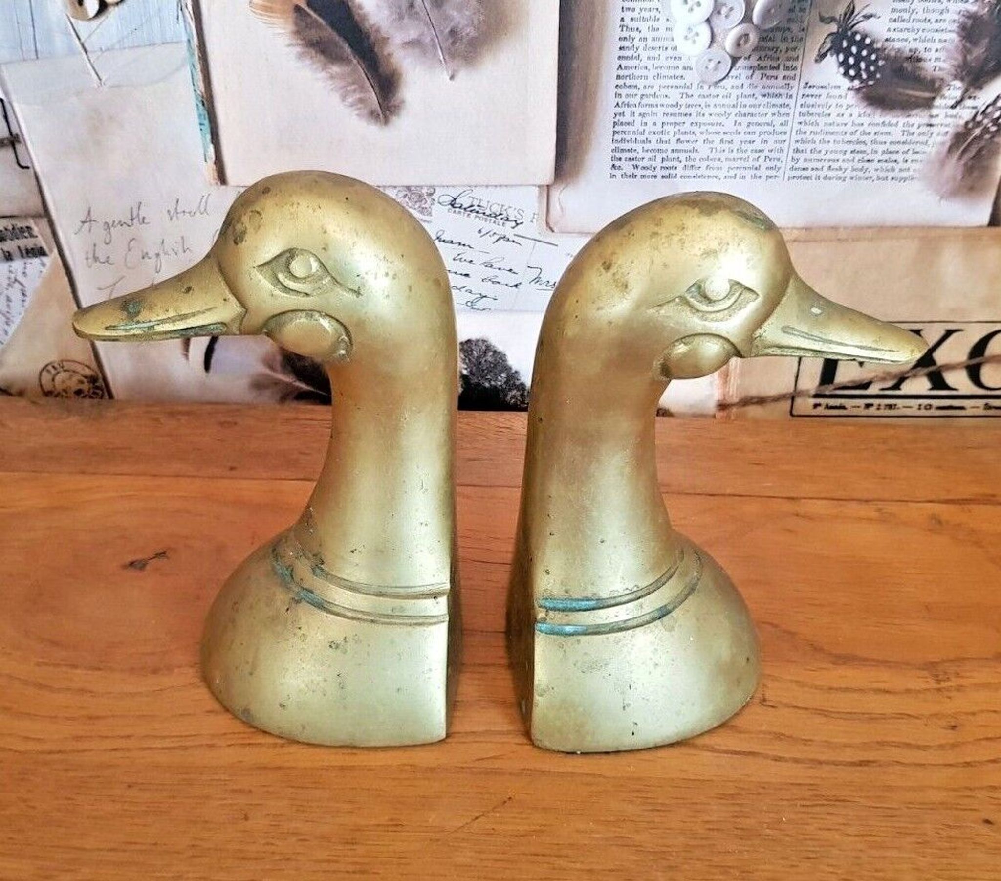 Delightful Pair of Vintage French Heavy Ornamental Brass Duck Bookends  3617