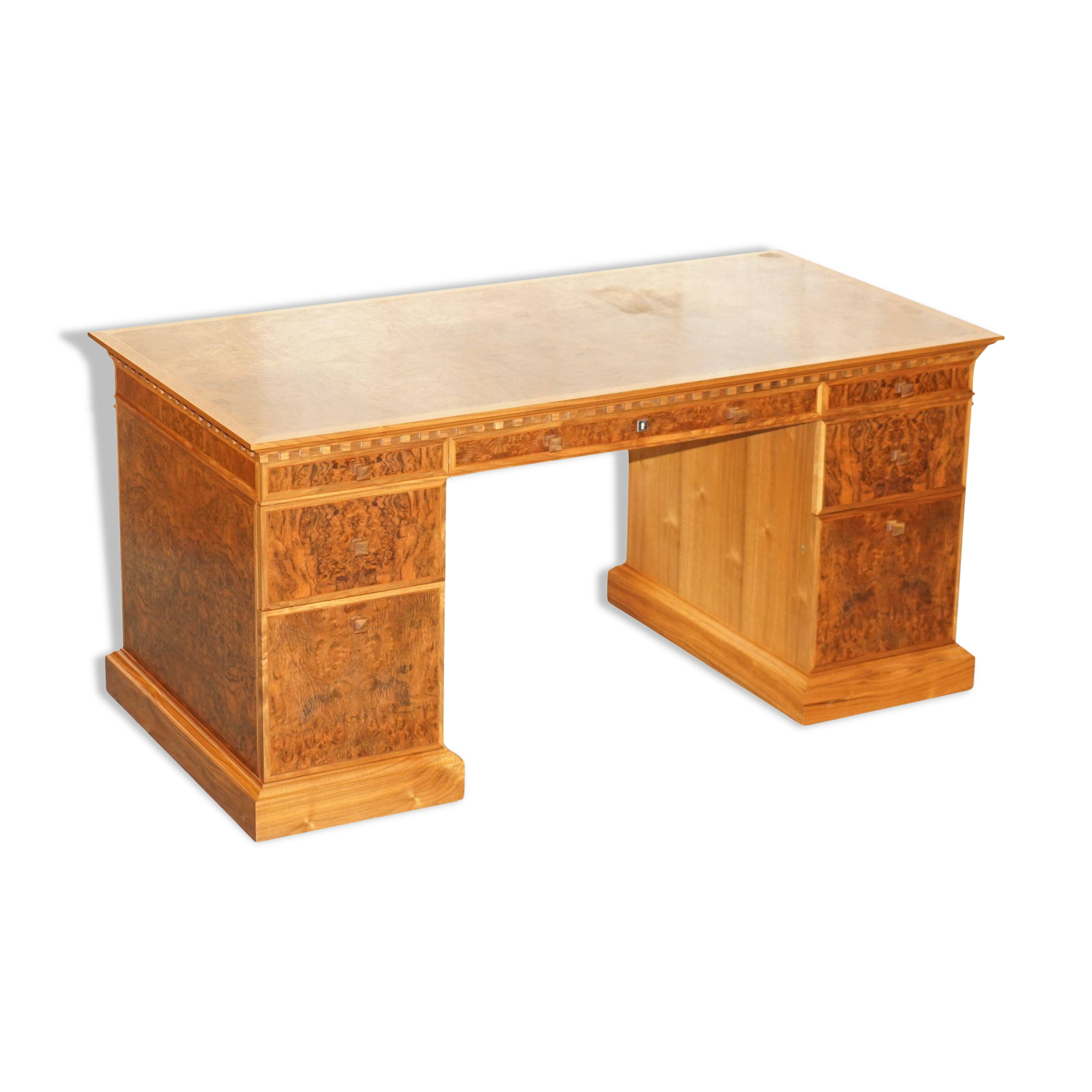 David Linley Burr walnut chest of drawers for light restoration.