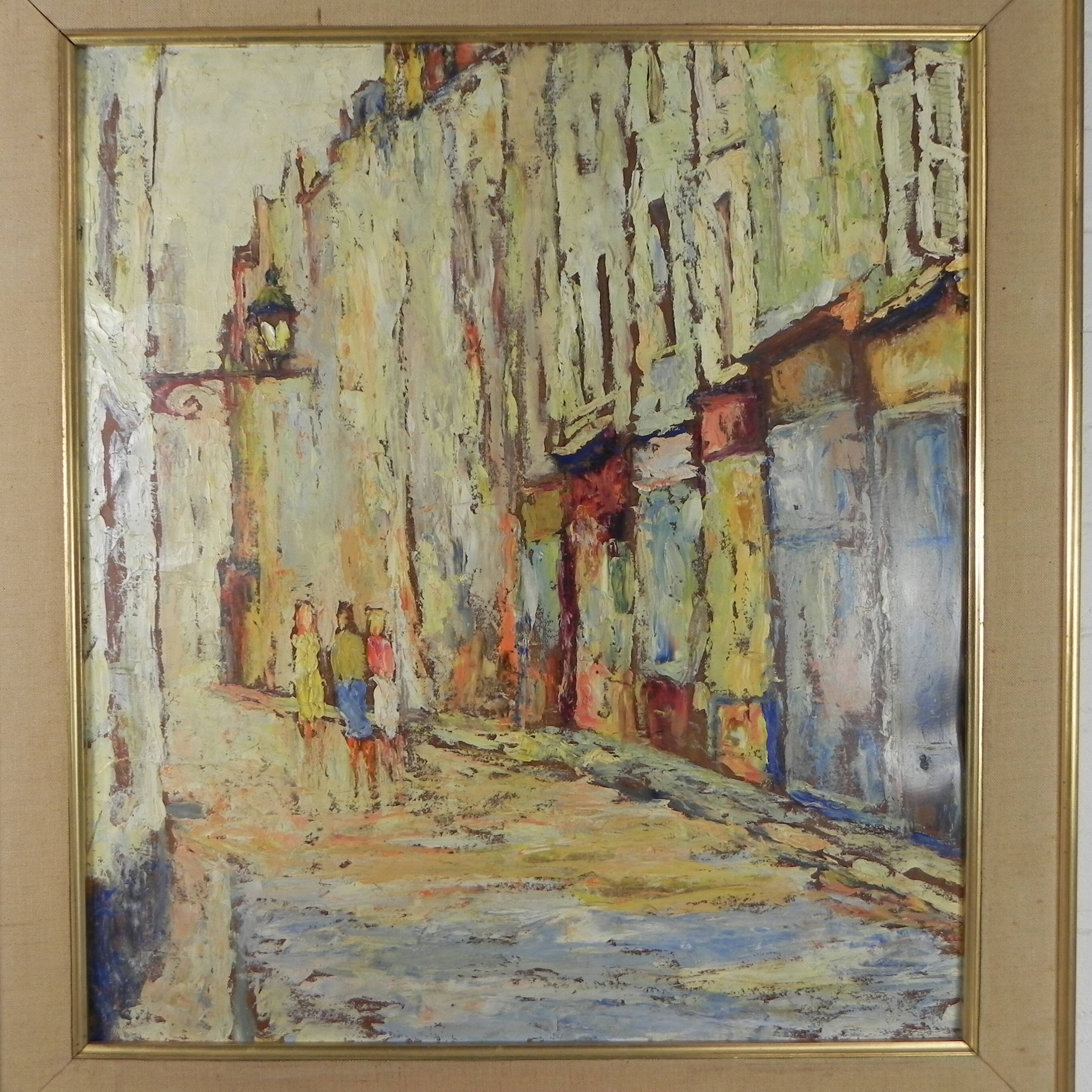 Painting of a street in (probably) Paris, 1950s