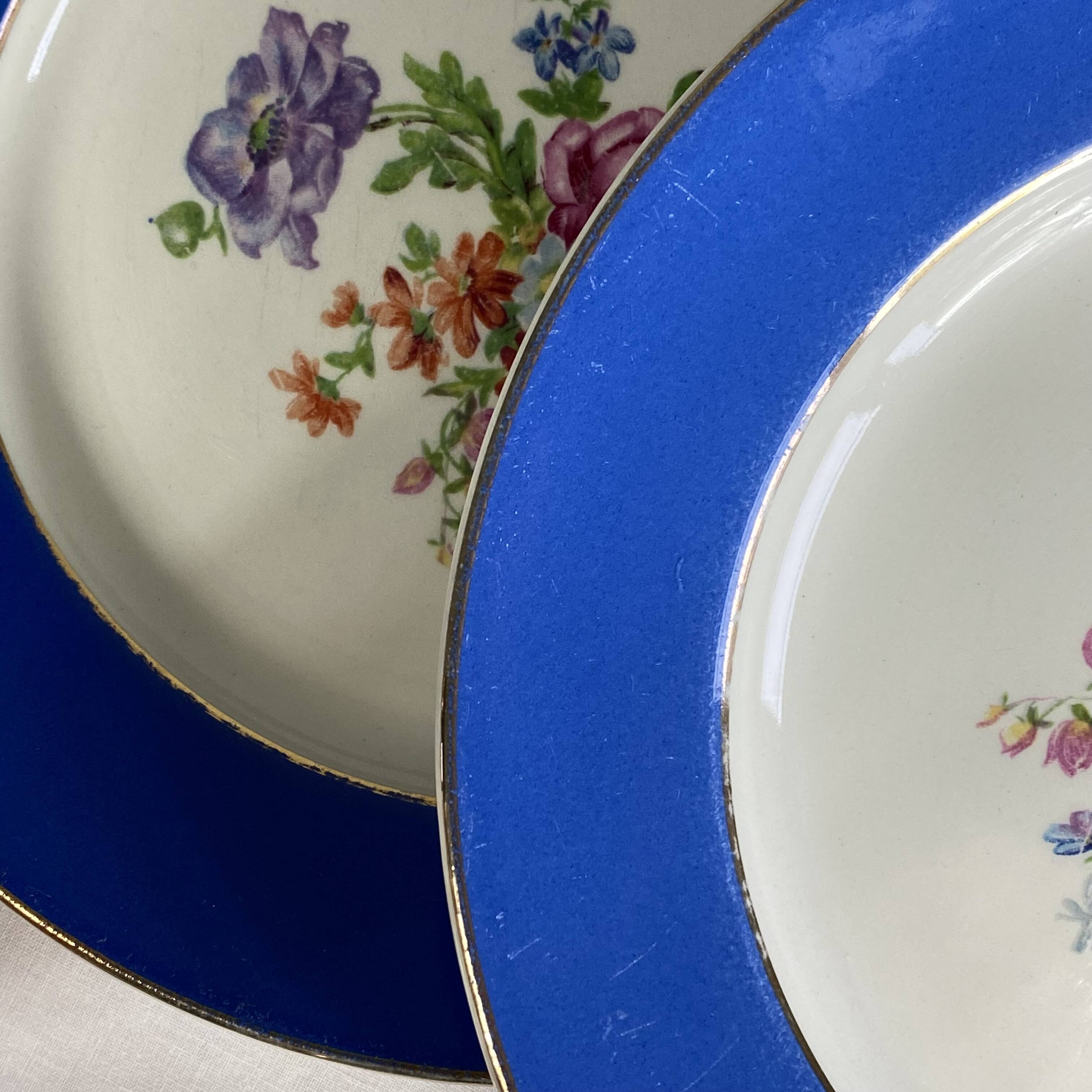 6 blue antique earthenware plates with flowers and gilding from Saint Amand Hamage.
