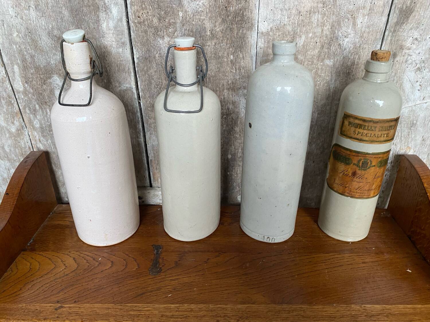Set of 4 Old Grey Stoneware Bottles + Vintage Porcelain Stopper