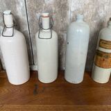 Set of 4 Old Grey Stoneware Bottles + Vintage Porcelain Stopper