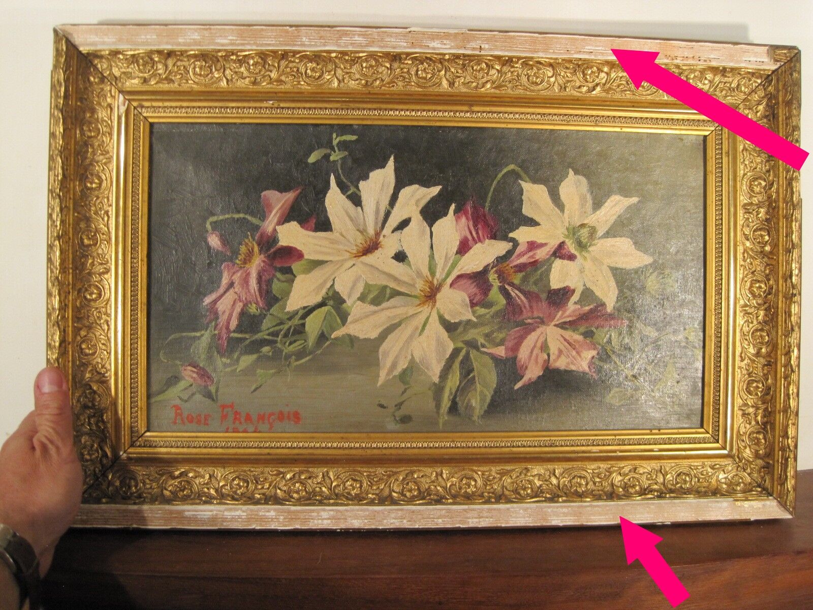 Peinture huile sur toile fleurs clématites signé François Rose 1904