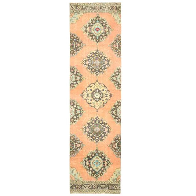 1970s Turkish Oushak Handmade Wool Cotton Orange Runner 98x378