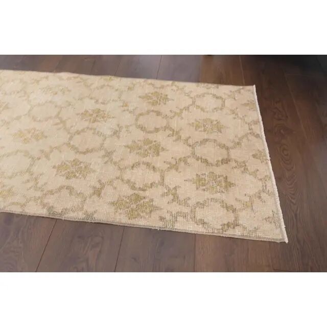 1970s vintage Turkish hand-knotted wool cotton beige runner rug 62x261