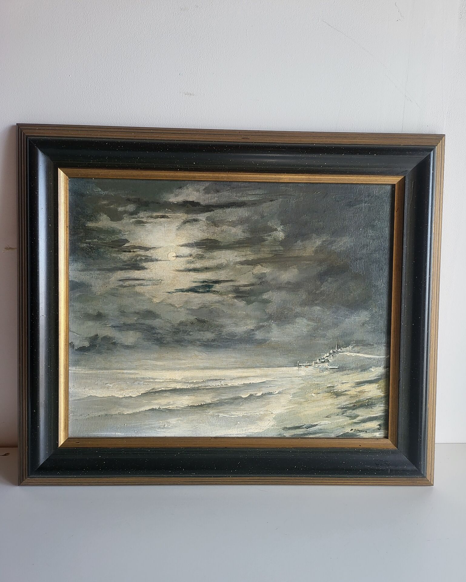 Oil on Panel P. Scherer Moonlit Seascape