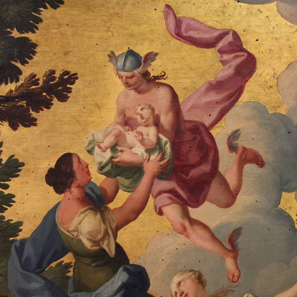 18th century Italian panel painting, Hermes entrusts Dionysus to the nymphs