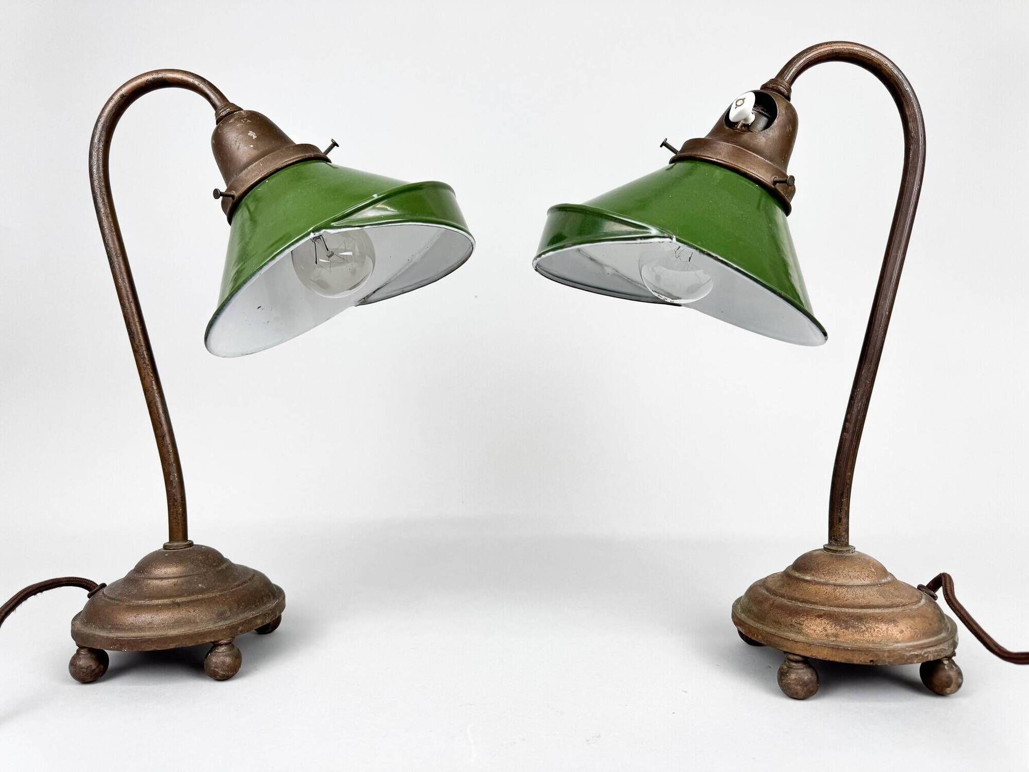 Pair of Unique 1920's Enamel & Cast Iron Desk Lamps, Czechoslovakia