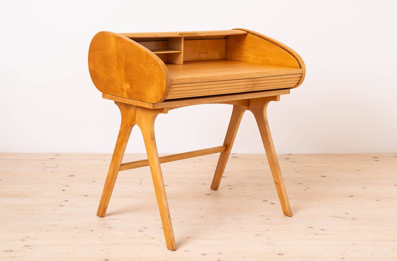 Mid Century Modern Desk with Roll-Top, Walnut Veneer, 1950s, Fully Restored