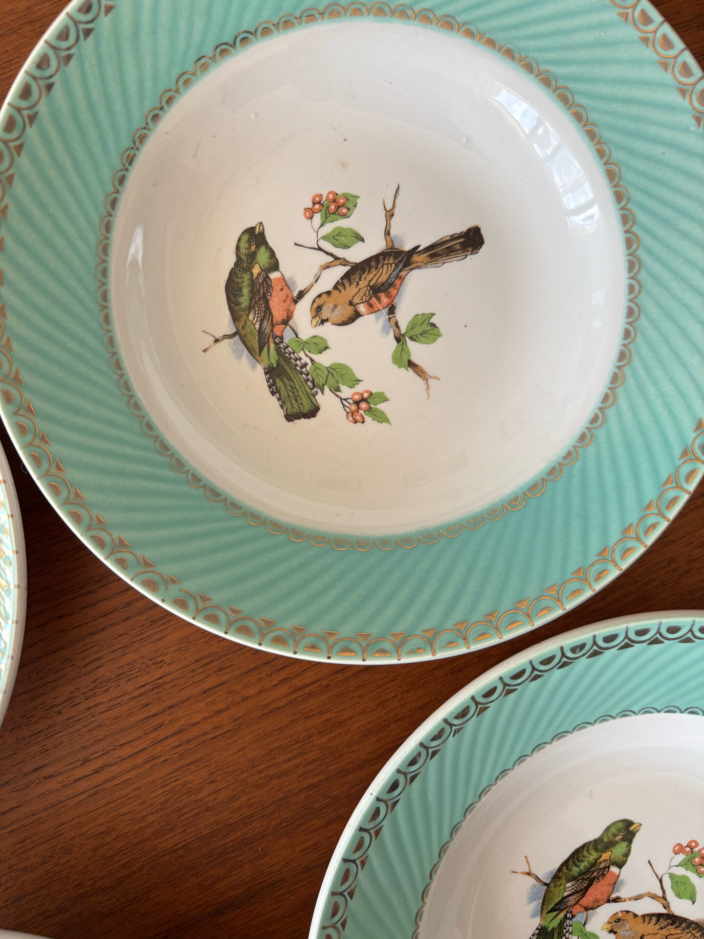 Set of 4 vintage deep plates in earthenware • Bird and leaf decoration