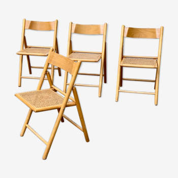 Set de 4 chaises pliantes cannées en bois, années 70