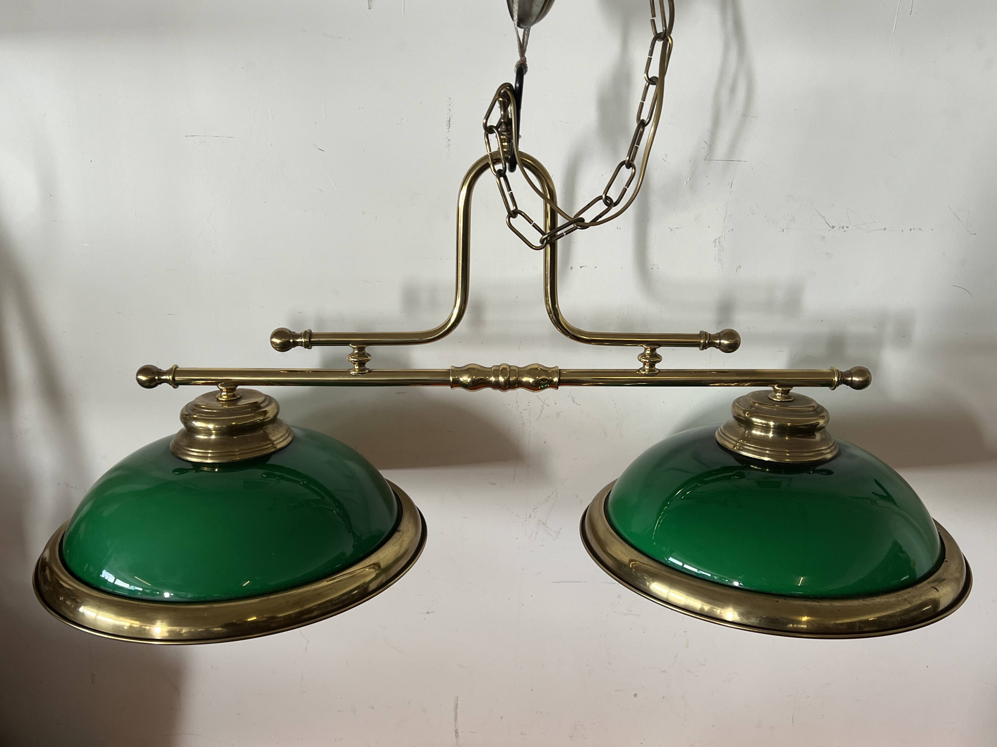 Lighting, billiard chandelier in brass and opaline