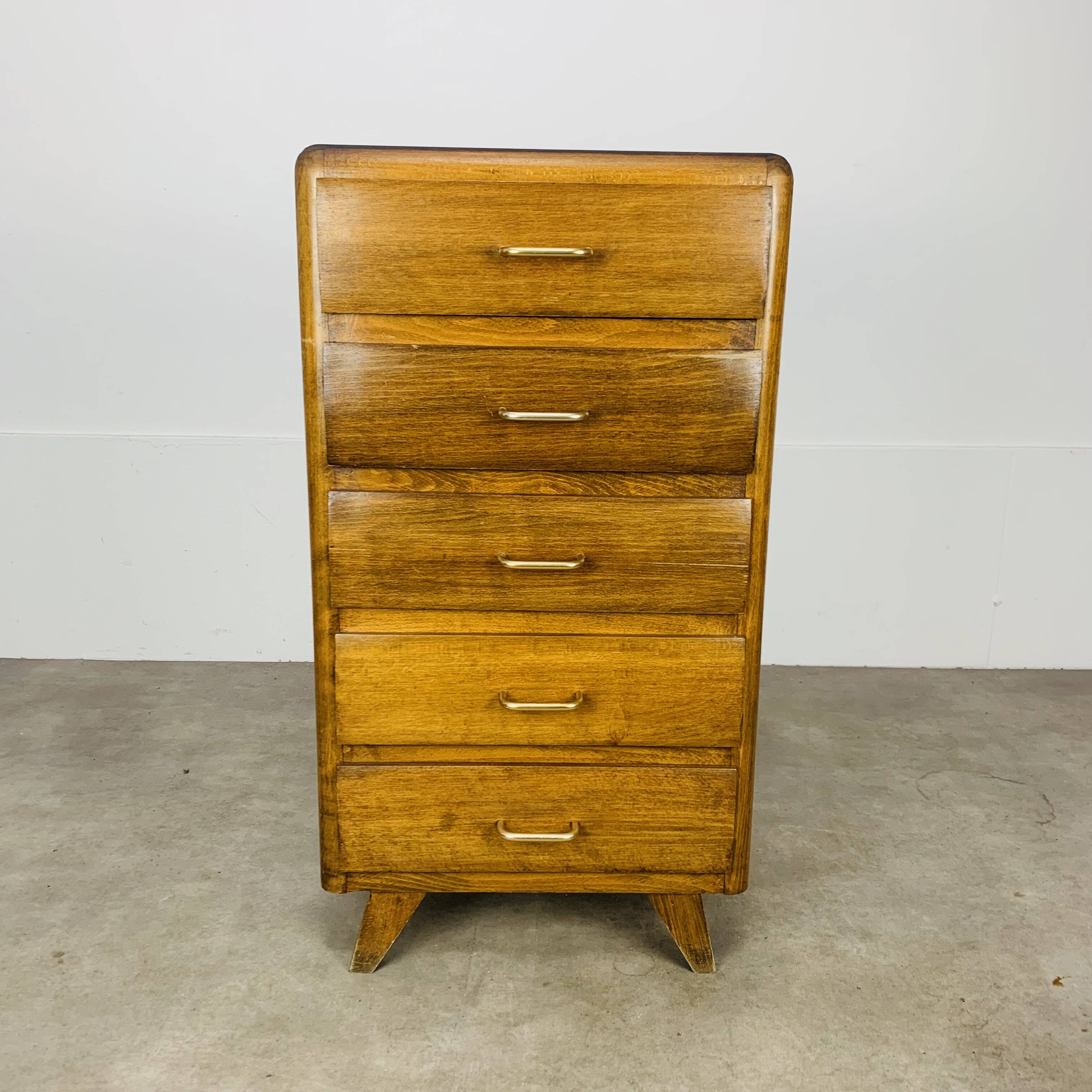 Commode chiffonnier pied compas, années 50, bois