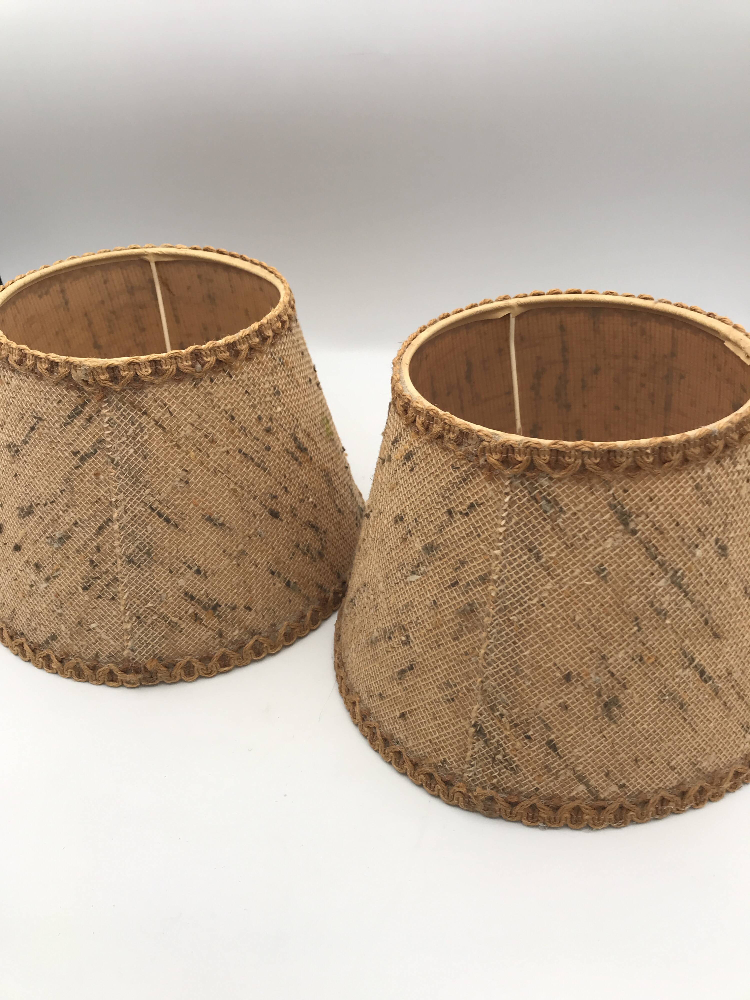 Pair of vintage burlap and braid lampshades