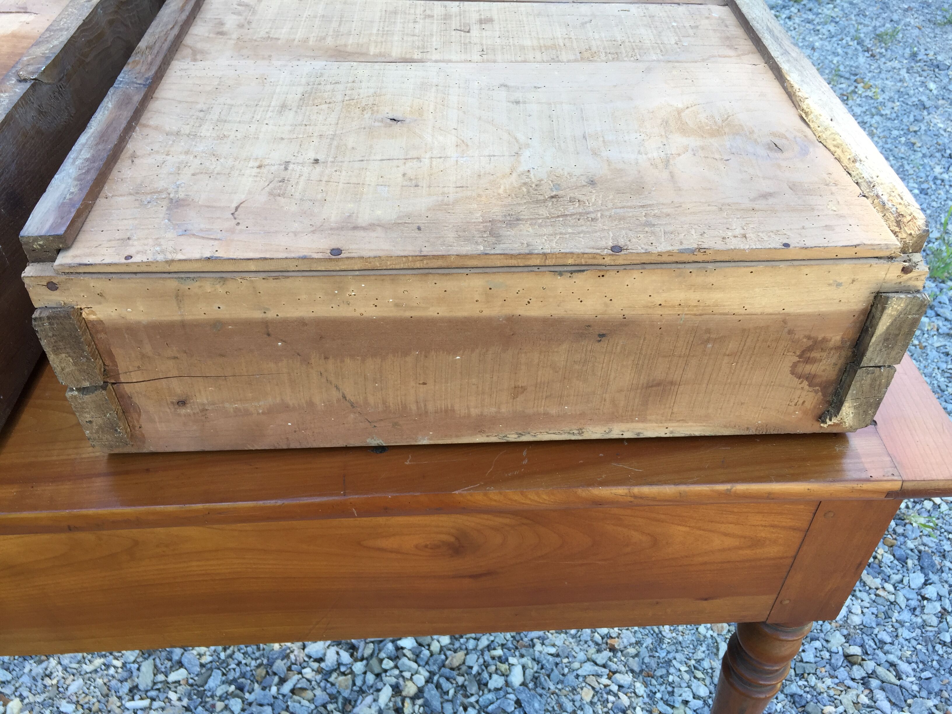Old farmhouse table louis Philippe style in solid cherry with turned feet.