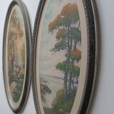 Pair of color lithographed landscape paintings