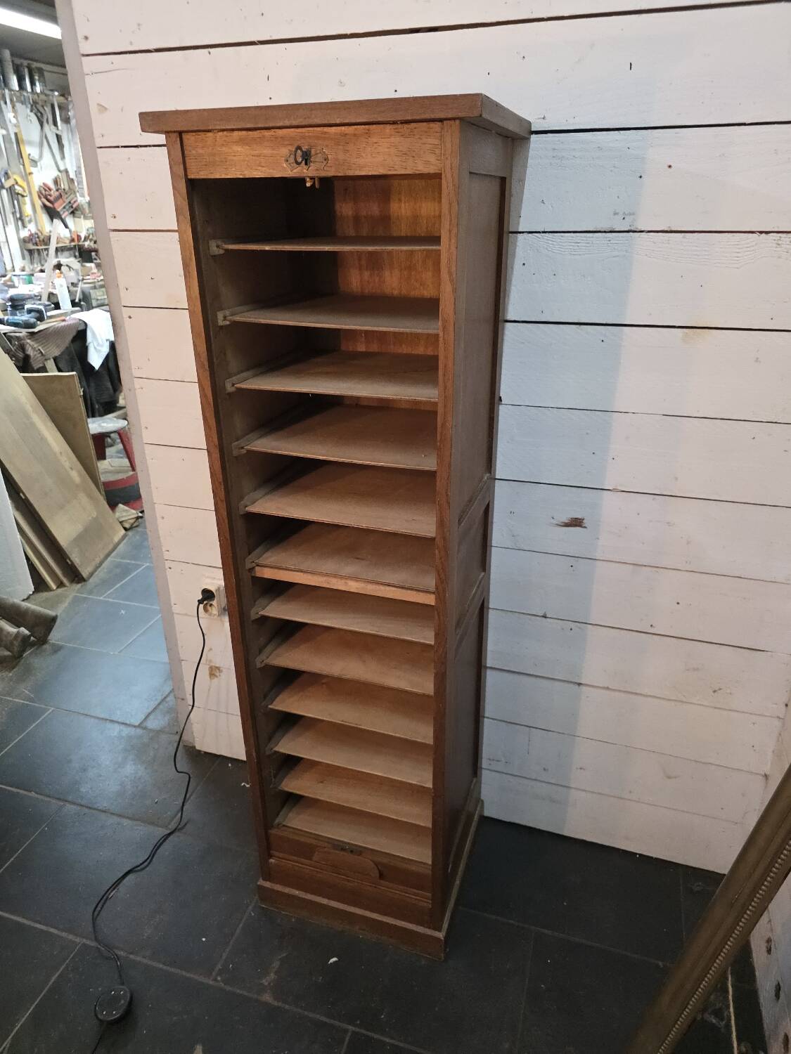 Oak curtain filing cabinet