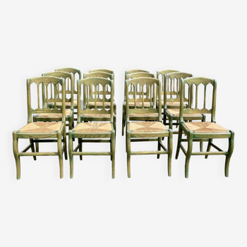 Series of 12 straw chairs in green stained ash, work from the 90s