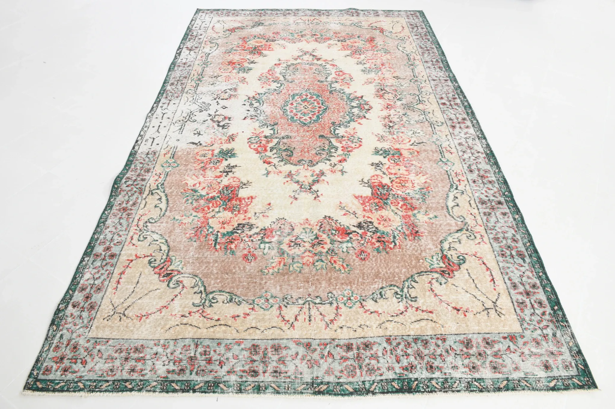 Dusty Red & Green Turkish Vintage Rug, Persian Style Oriental Carpet,