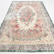 Dusty Red & Green Turkish Vintage Rug, Persian Style Oriental Carpet,