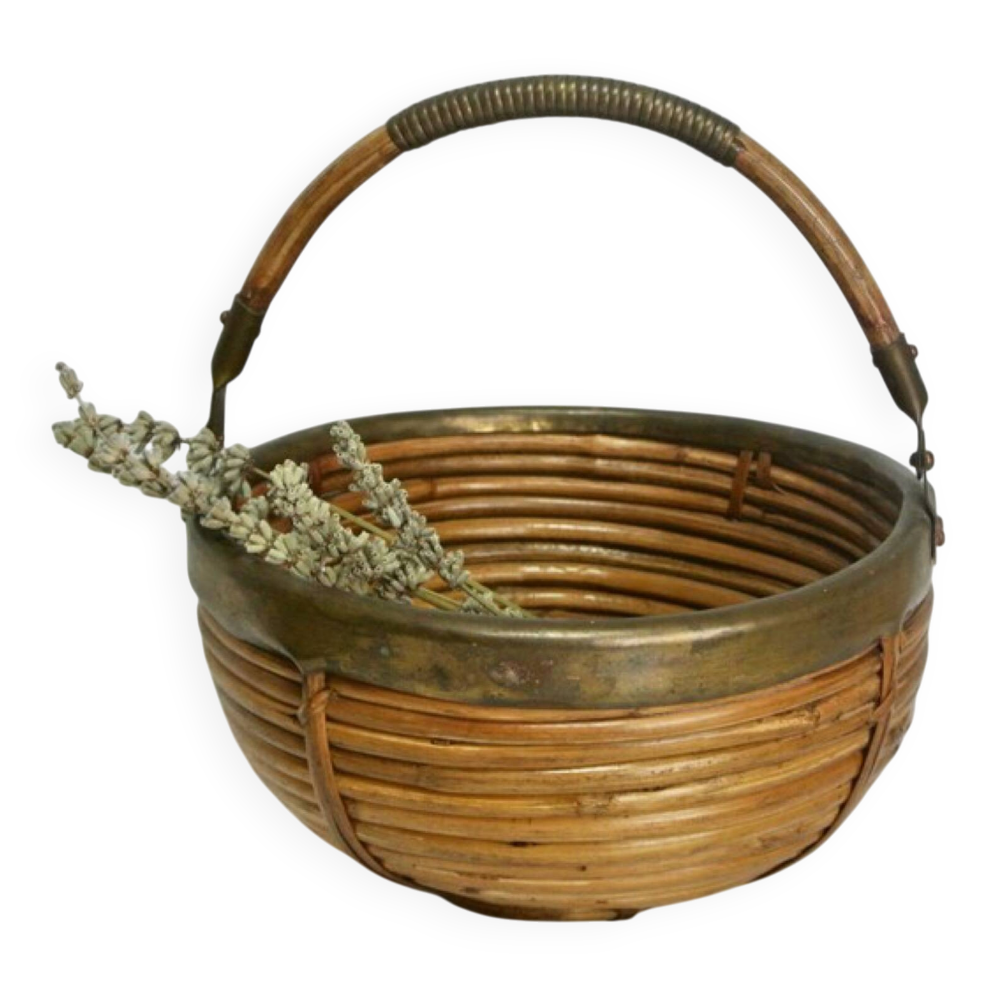 Vintage rattan and brass basket