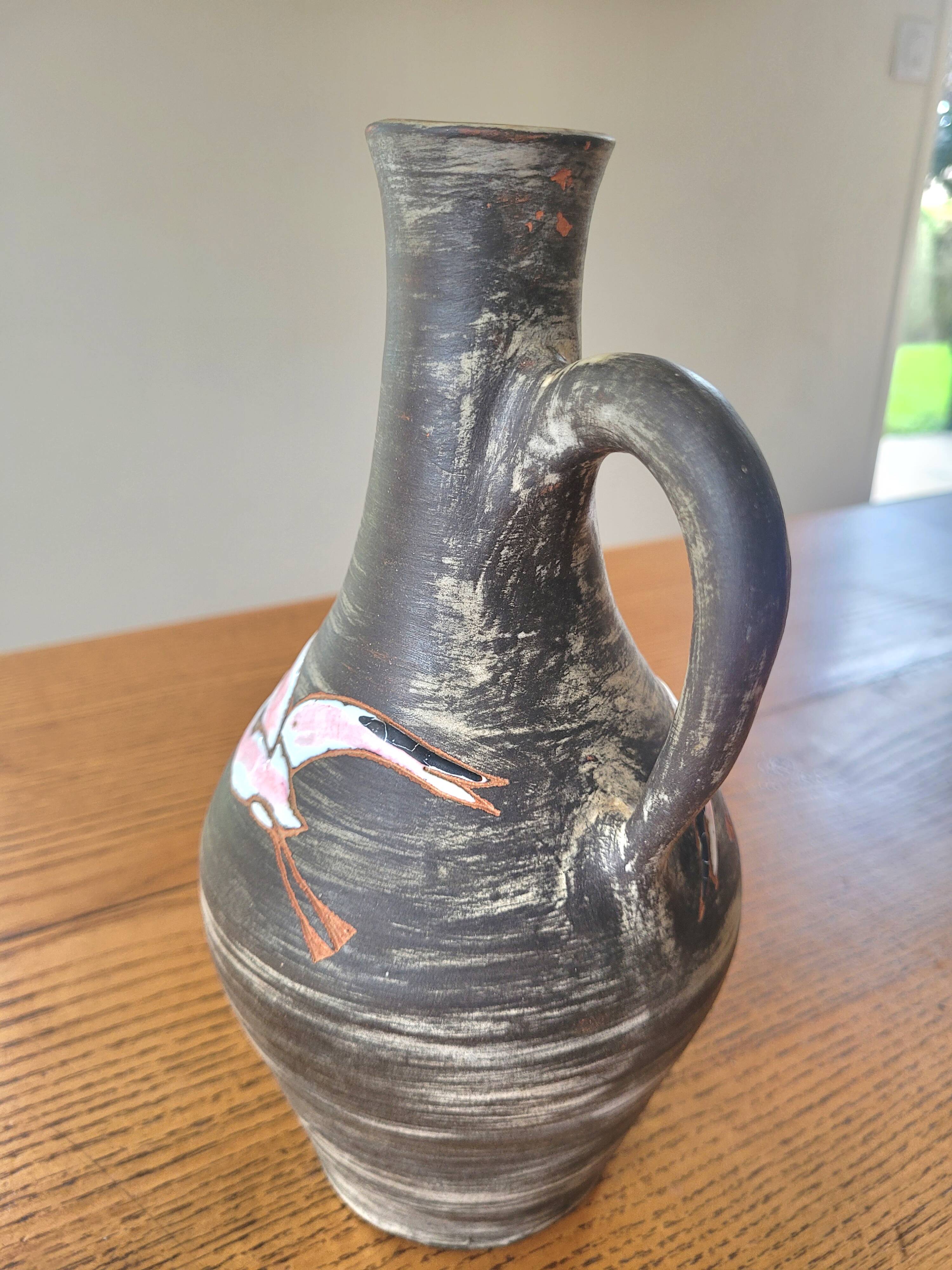 Rare signed ceramic and enameled porcelain pitcher