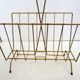Mid-century openwork magazine rack, in gold metal & wooden handle.