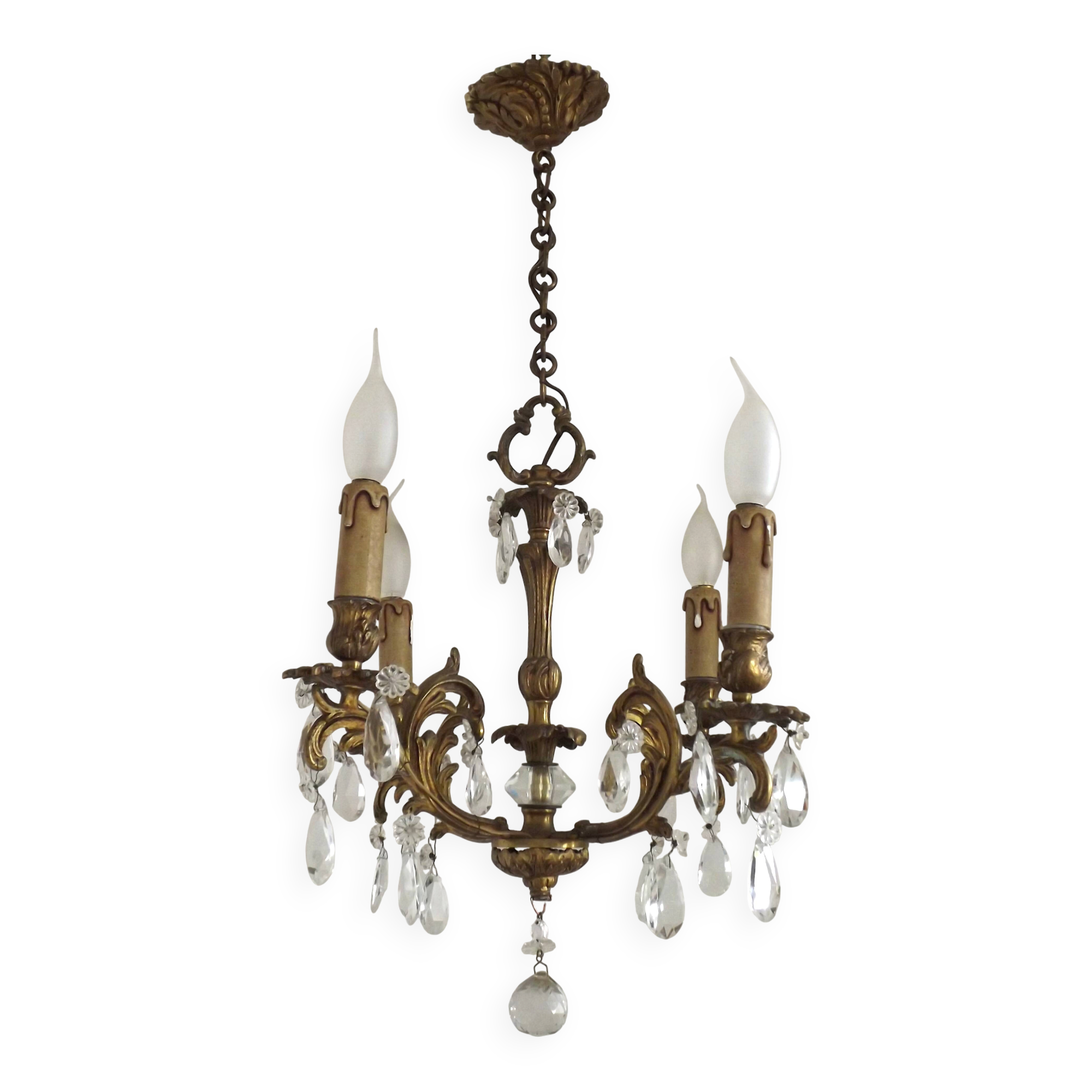 French Vintage Bronze and Glass 4 Light Art Nouveau Crystal Chandelier