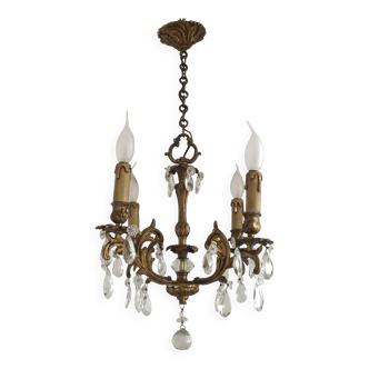 French Vintage Bronze and Glass 4 Light Art Nouveau Crystal Chandelier
