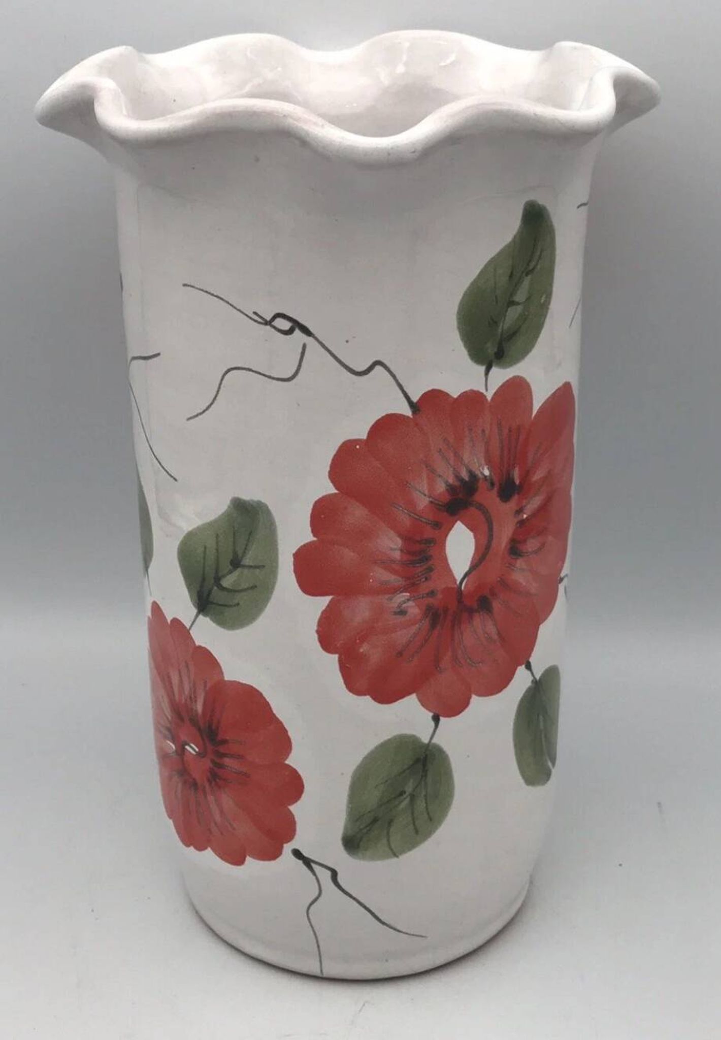 Vase, vintage glazed terracotta pottery, with signed floral decoration