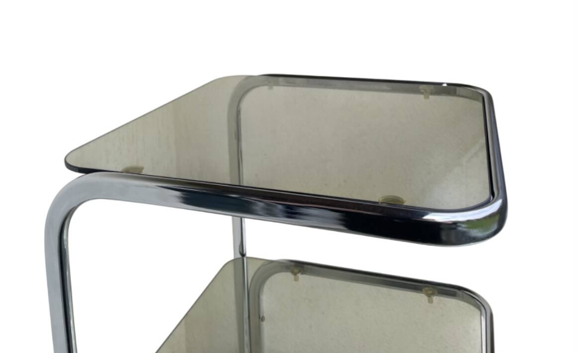 Vintage 1970s side table in smoked glass and chrome.