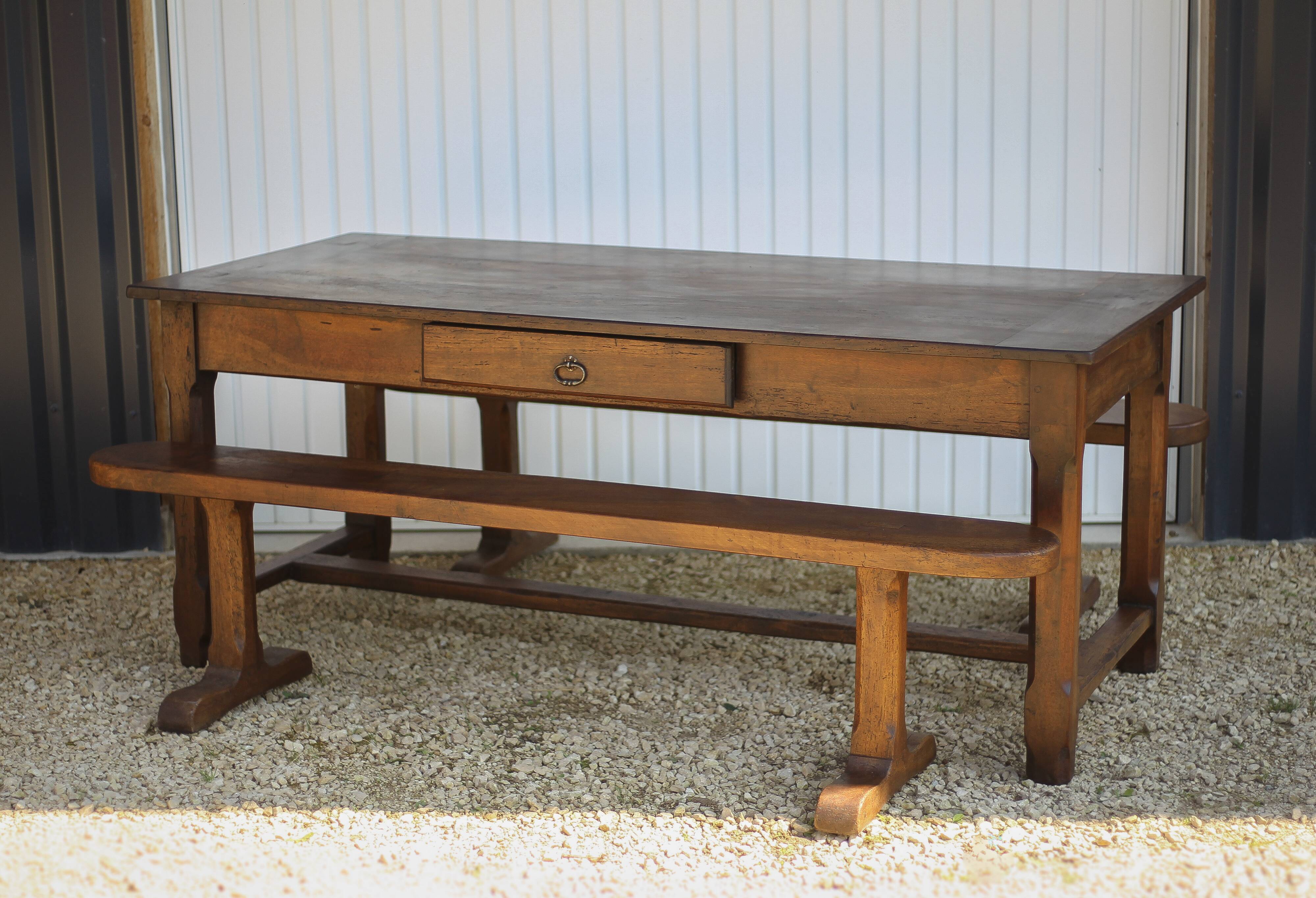 Farmhouse table and two benches, antique wooden farmhouse table, living room furniture, country style, chalet style, decor