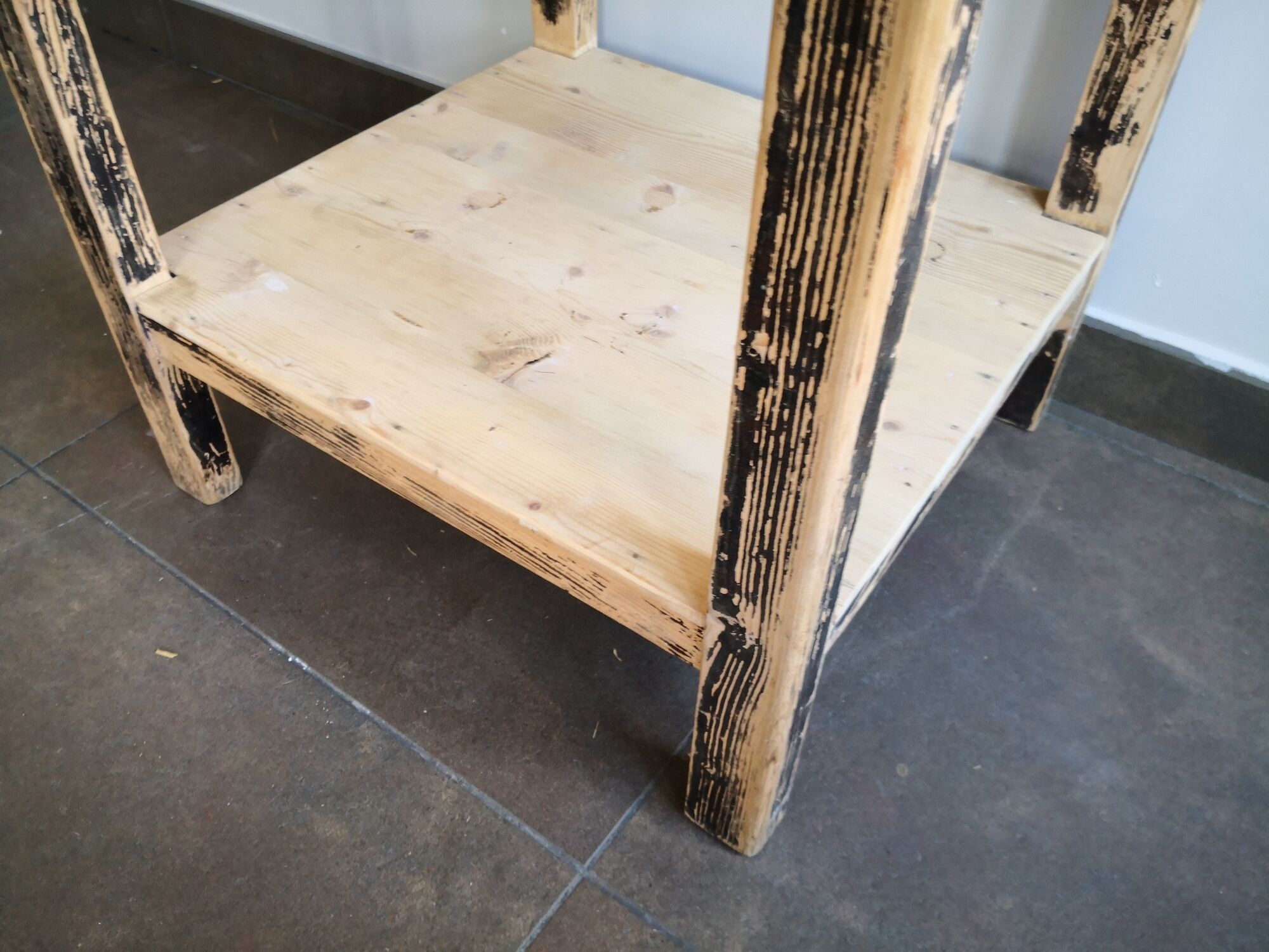 Vintage wooden side table, entrance console, square pedestal table 2 floors.