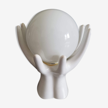 Lampe mains vintage céramique blanche avec globe opaline