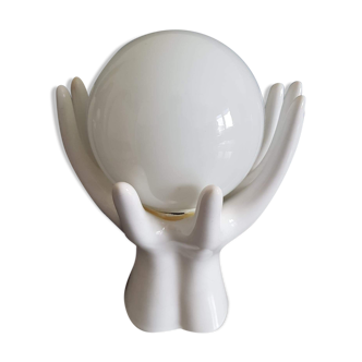 Vintage hand lamp ceramic white with opaline globe