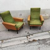 Pair of green vintage armchairs and brown skai