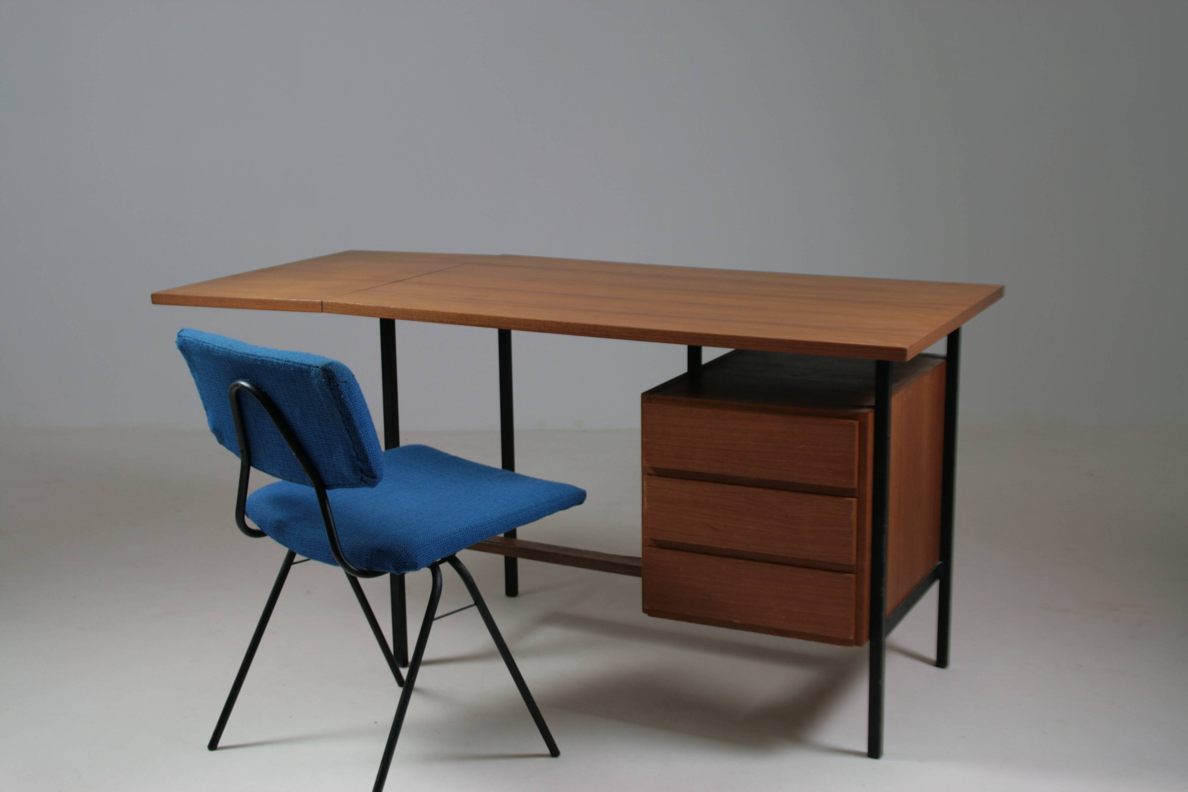 French modernist desk in wood and metal, 1950s