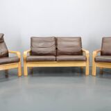 1970s L. Olsen & Søn Oak and Leather Living Room Set, Denmark