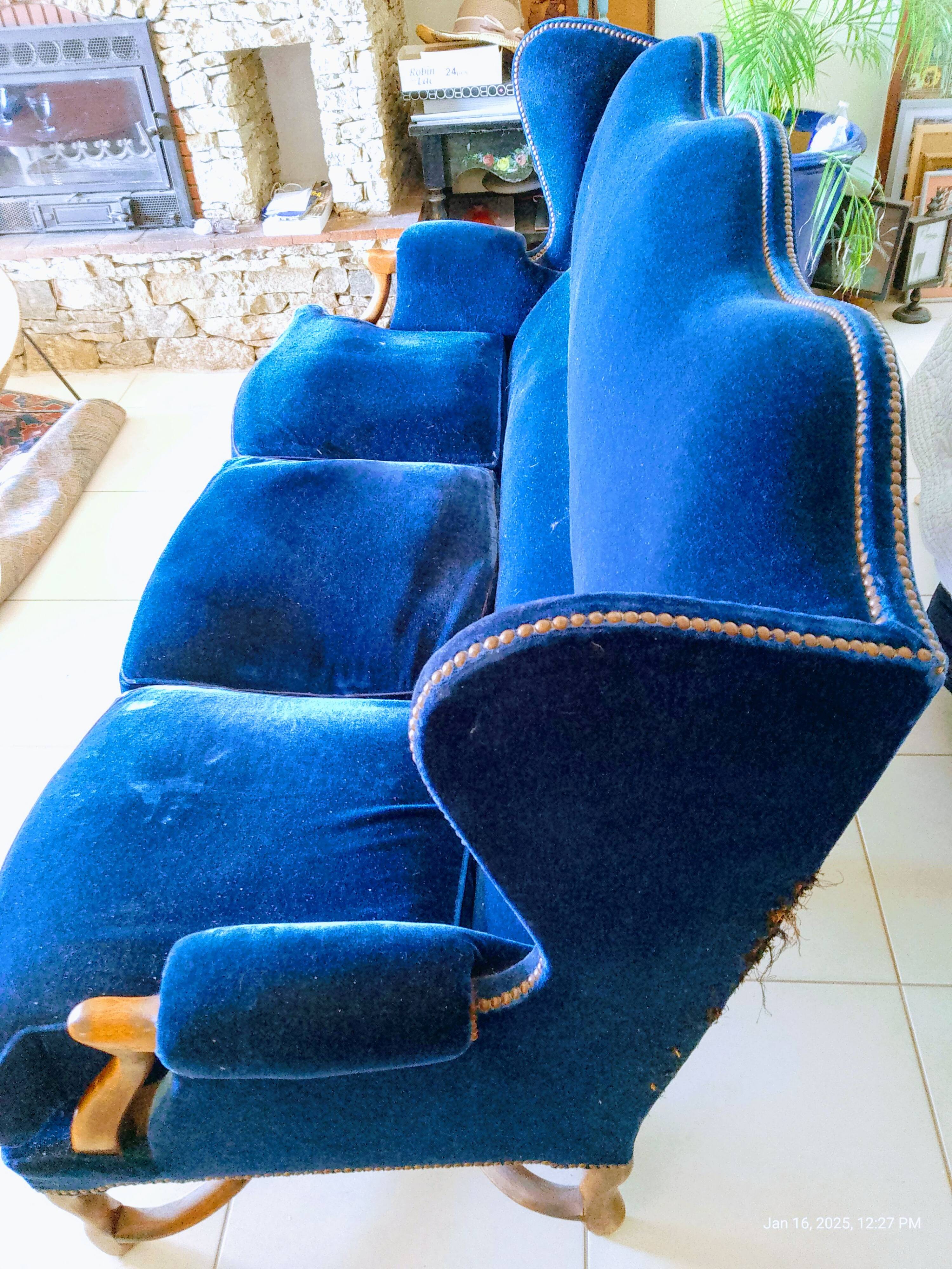 3 seater blue velvet sofa
