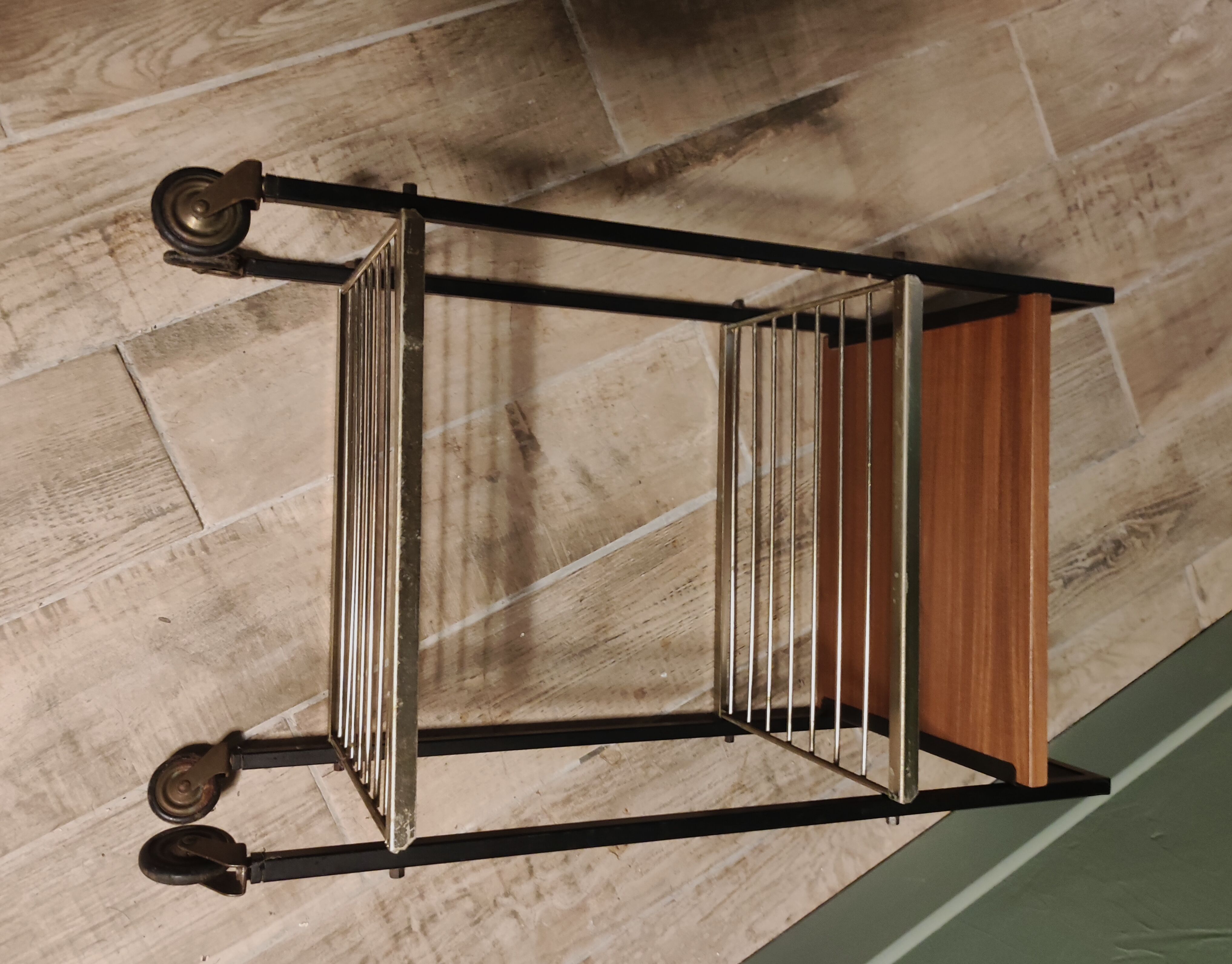 Serving table with metal wood wheels