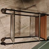 Serving table with metal wood wheels