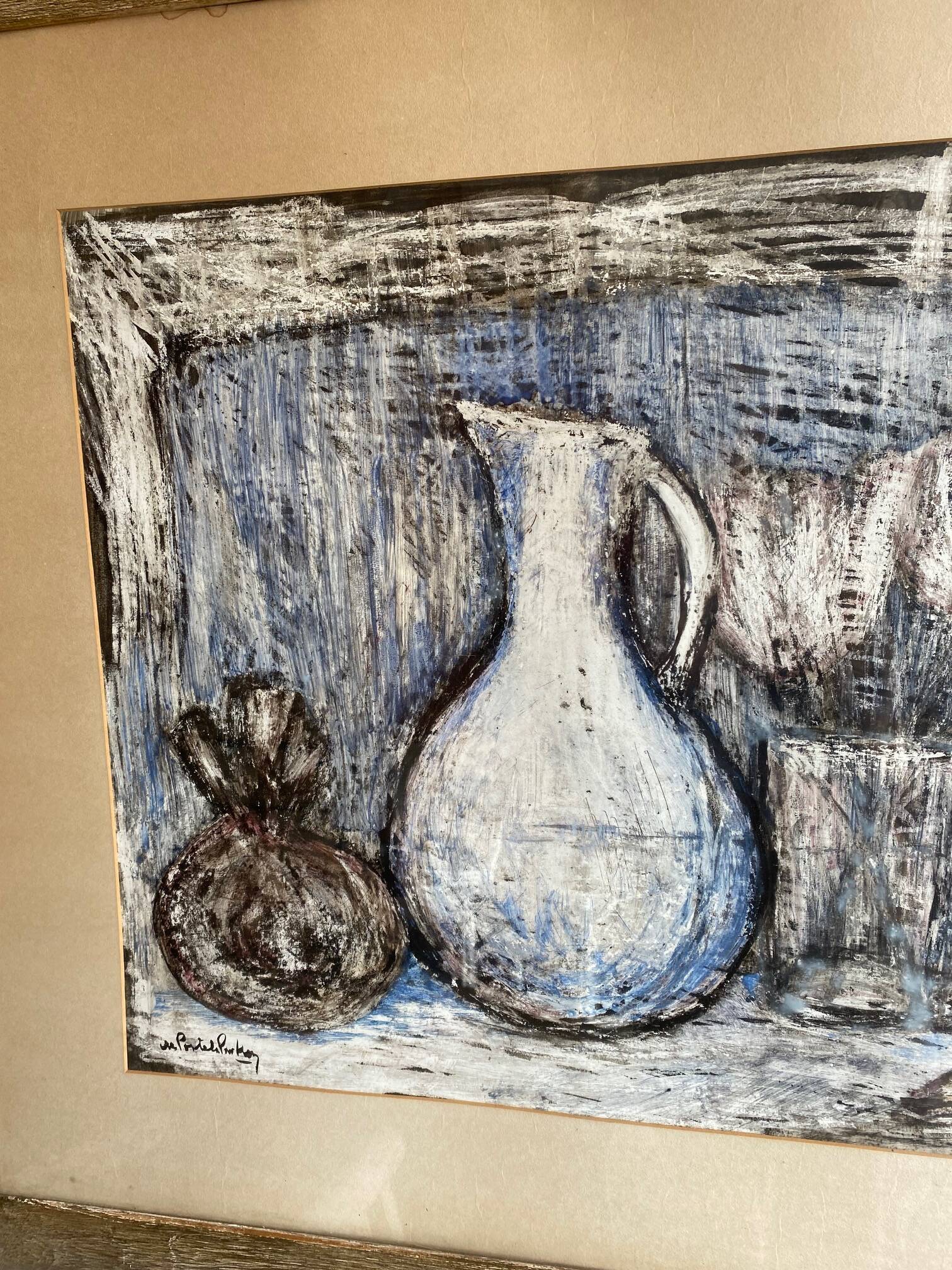 Still life modern gouache painting on paper signed and framed