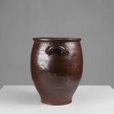 Signed Rustic Large Glazed Brown Ceramic Pot, Belgium, 1800s
