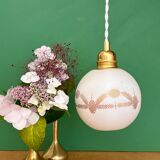 Vintage globe pendant light in white opaline with gold designs
